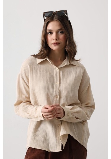 Müslin Uzun Kol Gömlek - Bej Bej