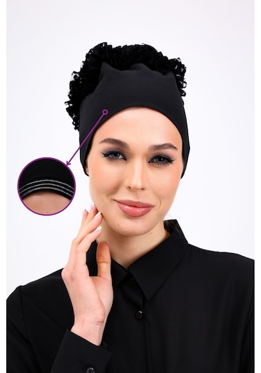 Kaymayan Fırfırlı Siyah Silikonlu Dikişsiz Kaymaz Bone Kadın Tesettür Bağlamalı Iç Bone Siyah