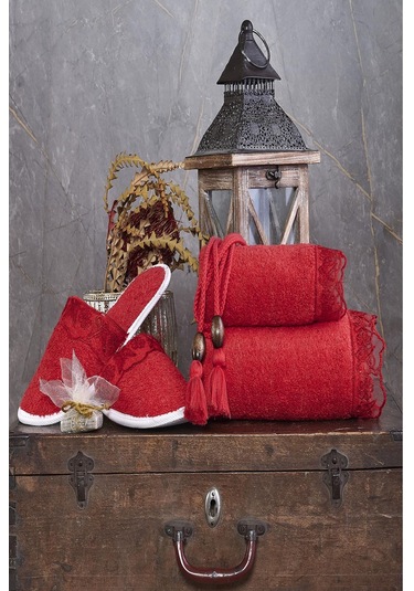 Kelebek Gelin Bornoz Seti 5 Parça Dantelli Çeyiz Bayan Bornoz Set Kırmızı