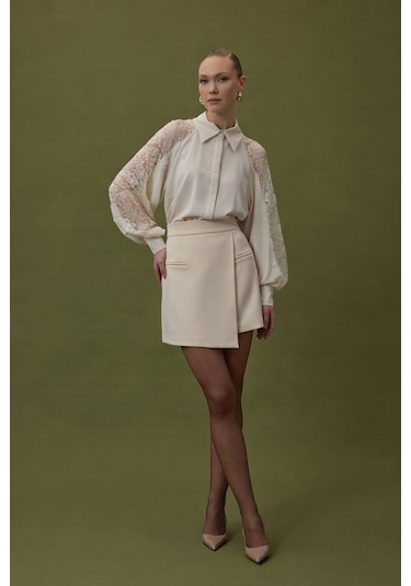 Sateen Talia Şort Etek - Bej-137064 Bej