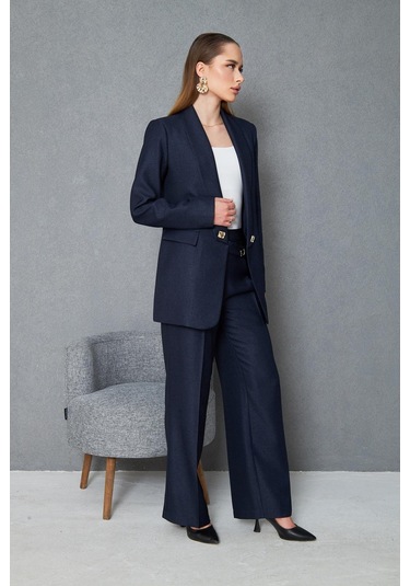 Kare Düğmeli Yünefekt Takım Lacivert Düz Lacivert
