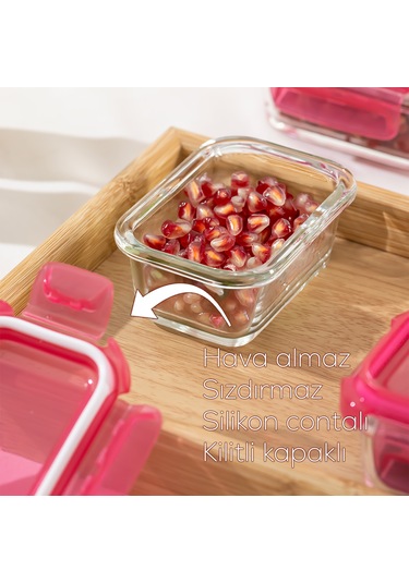 Porsima 4374 3lü Kilitli Sızdırmaz Kapaklı Yiyecek Erzak Saklama Kabı Seti - Cam Saklama Kabı - 150ml Pembe Pembe