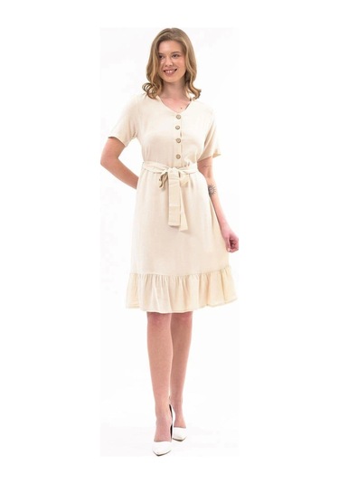 Apsen Kadın Elbise Bej Renk Önden Düğme Detaylı Yazlık Midi Elbise 4437-105 Bej