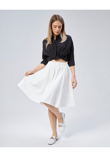 Nurören Flamlı Keten Midi Boy Kloş Etek-beyaz-01 Beyaz