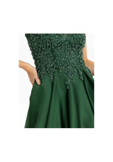 Hint Aksesuarlı Saten Görünümlü Abiye-koyu Yeşil Koyu Yeşil