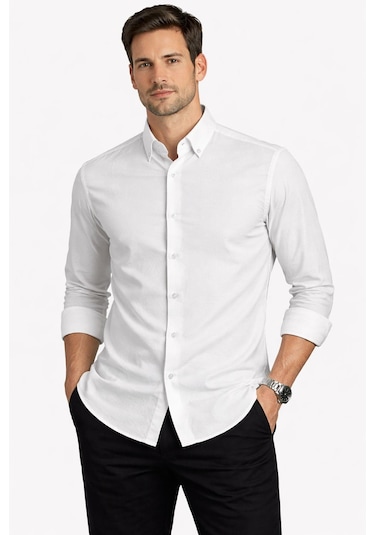 Classics Men Shoow Uzun Kol Slim Fit Erkek Keten Gömlek - 7576 Beyaz