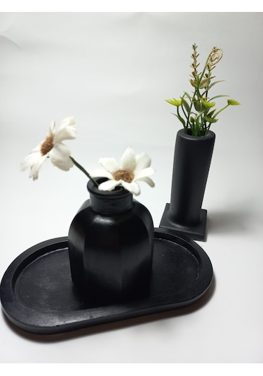 Tabaklı Dekoratif İkili Vazo Set Siyah Siyah