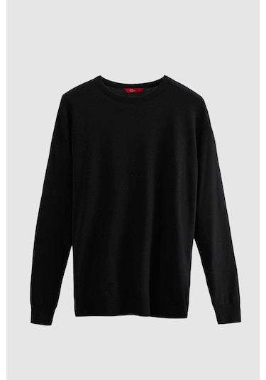 Regular Fit Siyah Tüylenme Yapmayan Bisiklet Yaka Triko Kazak Siyah