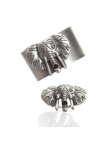 Kadın Antik Gümüş Kaplama Ayarlanabilir Siyah Mineli Fil Figürlü Şans Bileklik & Yüzük Set Antik Gümüş