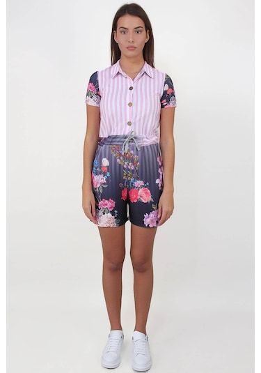 Alexandergardı Çiçek Desenli Gömlek Yaka Tulum B19-1510 Mor