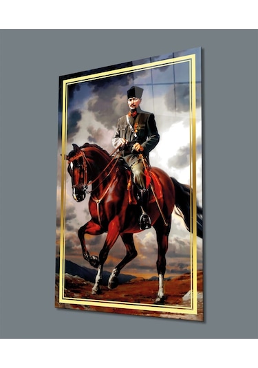 Es10 Es10 SN Gold Şerit At Üzerinde Atatürk Cam Tablo, Uv Baskılı ve Temperli, Hediyelik