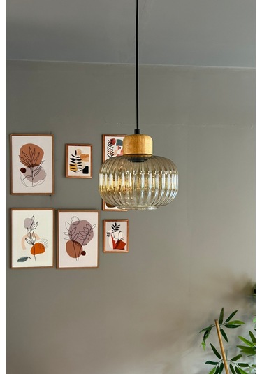 Mola Cam Bal Rengi Tekli Avize Geniş Ahşap Başlık Retro Sarkıt Lamba Restoran Salon Aydınlatma Bal