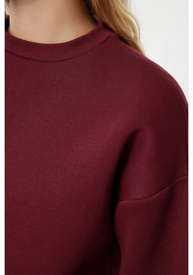 Kazax 3 İplik Şardonlu Bisiklet Yaka Sweatshirt Bordo Bordo