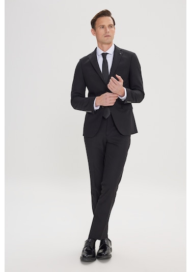 Erkek Sıyah Slim Fit Dar Kesim Mono Yaka Takım Elbise Siyah