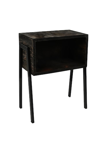 Rustik Siyah Gece Masası - Metal Ayaklar - Komidin - Çam Massif Siyah