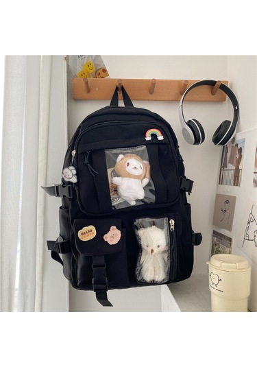 Yifomall Siyah Nilon Çift Omuz Çantası - 2 Figür + 4 Rastgele Badge, Çoklu Cepli, Şeffaf Pencere, Ayarlanabilir Askılar, Öğrencilere Ve Sevimli Stilleri Severlere Uygun Siyah