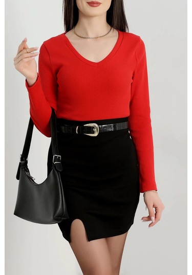 V Yaka Kaşkorse Bluz Kırmızı A3699 Kırmızı