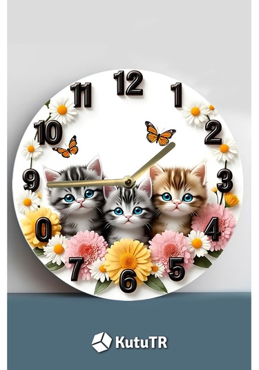 Sevimli Kedili Mdf Duvar Saati 3d Görünümlü, 2d Hd Baskı, 33 Cm 3d Görünümlü Sdw231 Renkli