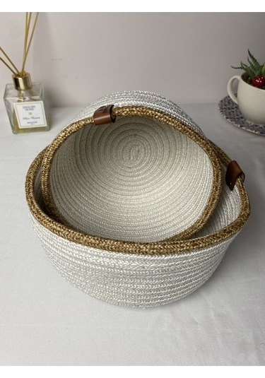 Beyaz Jüt 2li Yuvarlak Sepet Beyaz