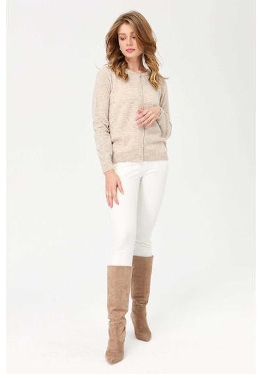 Desen Triko Kadın Sıfır Yaka Triko Yün Hırka 21031 V. Bej