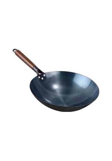 Ankatek Dökme Demir Wok, Kaplamasız Yuvarlak Tabanlı, Yapışmaz 30cm Stir Fry Tavası Siyah Siyah