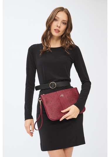 Deri Company Kadın Basic Clutch Çanta Monogram Desenli Şeritli Logolu Bordo 214002 Bordo - Siyah