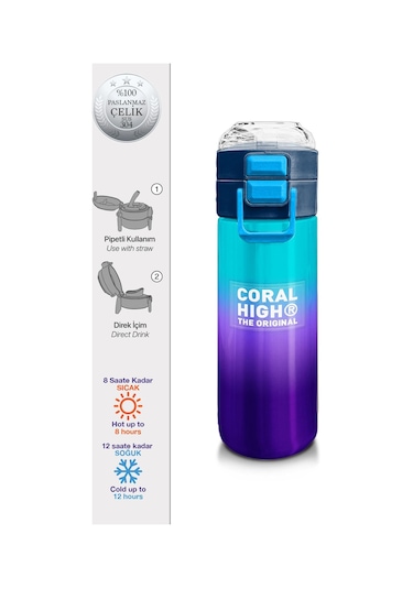 Coral High Kids Mor Renk Geçişli Desenli Pipetli Ve Direkt İçim Çelik Termos 500 Ml 31964 Mor - Sarı