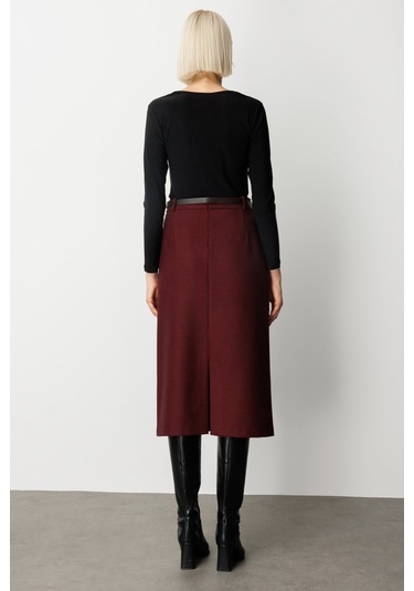 Ekol Kadın Beli Kemerli Yırtmaçlı Midi Etek 2009 Bordo Bordo