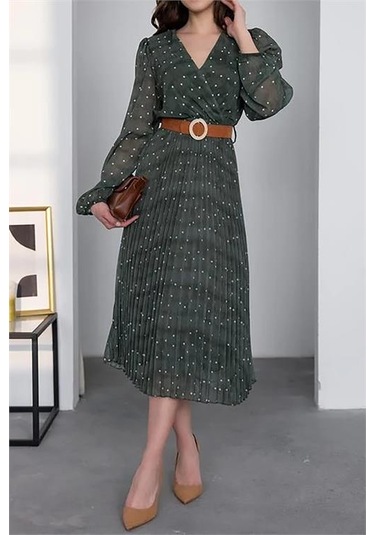 Neşeli Butik Kadın Kemerli Puantiye Desenli Şifon Elbise Nbmy3286 Yeşil