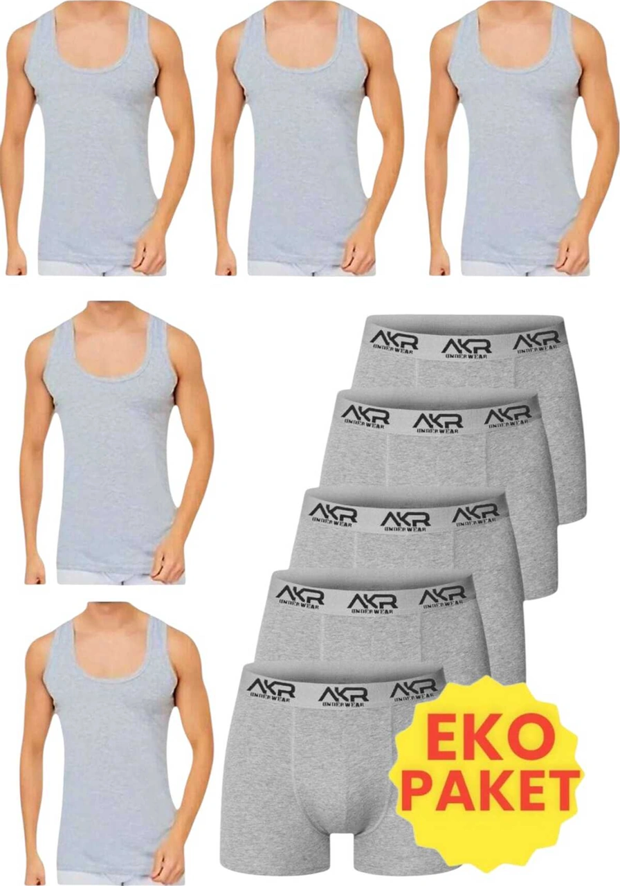Tezzgelsin Erkek 10'lu Atlet Ve Boxer Takımı Ekonomik Paket Atlet Ve Boxer Set 5 Atlet 5 Boxer Gri