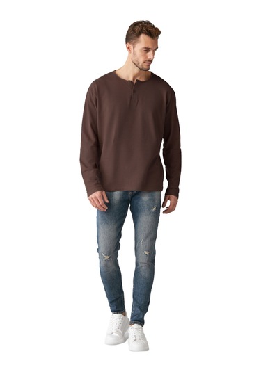 Lorenzo Erkek Özel Rustik Dokulu %100 organik Pamuk Düğme Detaylı Regular Acı Kahve Sweatshirt