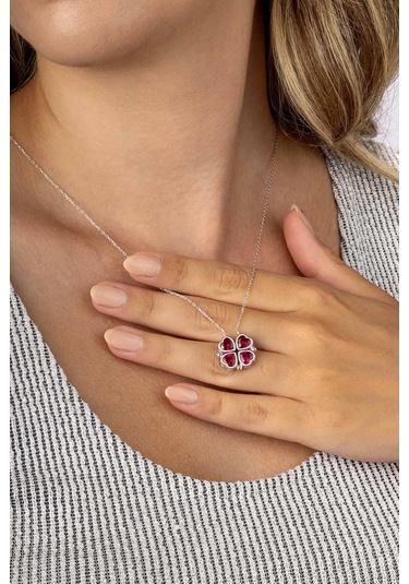 Gümüş Pazarım Açılır Kapanır 2 Kullanımlı Kırmızı Taşlı Yonca Kalp Kadın Gümüş Kolye Altın - Gümüş