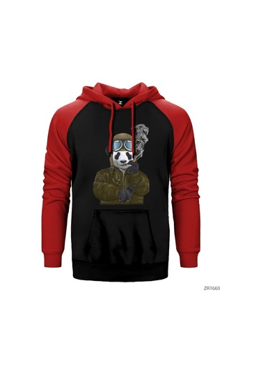 Panda Military Pilot Kırmızı Reglan Kol Kapşonlu Sweatshirt Kırmızı