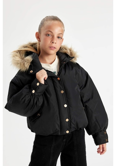 DeFacto Kız Çocuk Kapüşonlu Çıtçıt Kapamalı Fermuarlı Cepli Mont C5488A824WNBK27 Siyah