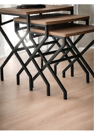 3 Lü Zigon Sehpa Metal Ayaklı Çam Ahşap Kare Misafir Sehpası