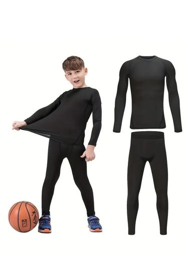 Kız Erkek Çocuk Pamuklu Kışlık Termal İçlik Tayt Uzun Kollu Alt Üst Takım 2 Adet Siyah