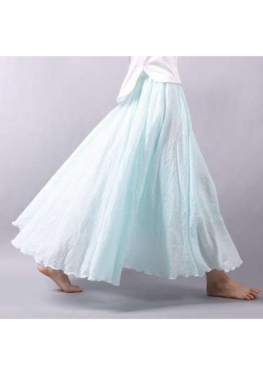 Kadın Zarif Yüksek Bel Keten Maxi Etek Yaz Bayanlar Rahat Elastik Bel 2 Katmanlar Etekler Saia Feminina Mavi