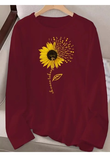 Leyla Sanat Sanata Yeni Bir Bakış Açısı Kadın Uzun Kollu Bisiklet Yaka Ayçiçeği Desenli Viskon Bluz Bordo