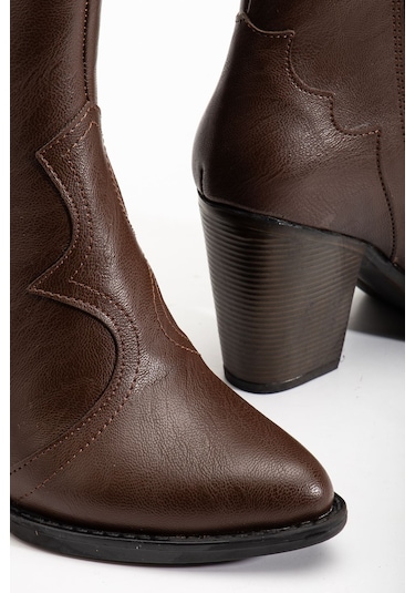 117 Kahve Kovboy Dikiş Detaylı Fermuarlı Yüksek Topuklu Günl... Kahve