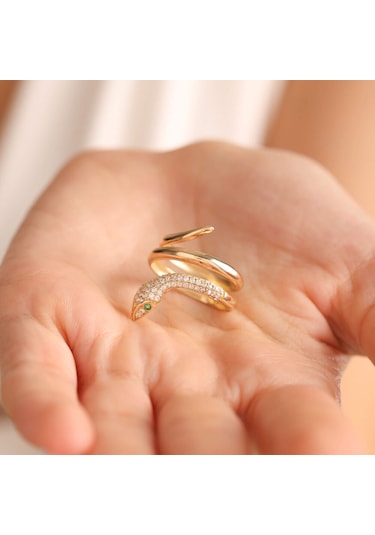 14 Ayar Altın Yılan Yüzük Emerald T11138 Renkli