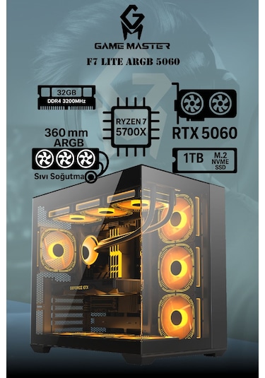 Game Master F7 Lite R7-5700X 32 GB 1 TB M2 SSD RTX5060 Free Dos Masaüstü Oyuncu Bilgisayarı