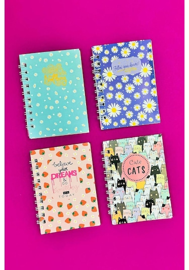 Mini 4'lü Renkli Desenli Spiralli Defter Çok Renkli