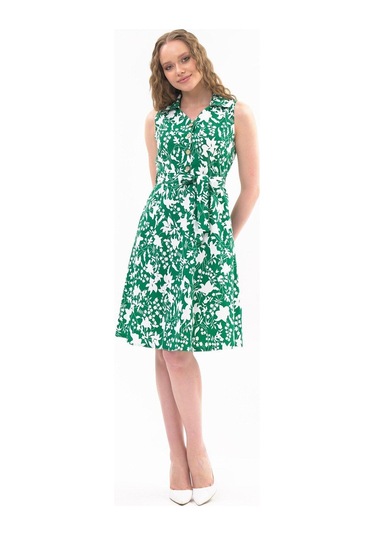 Apsen Kadın Zümrüt Yeşil Düğme Detaylı V Yaka Cotton Elbise 4405-105 Zümrüt Yeşili