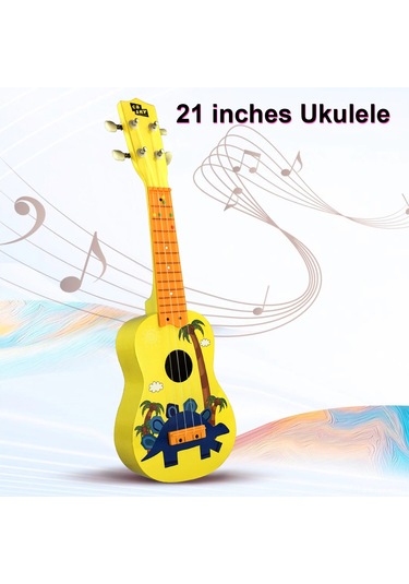 Ruicoo 21 İnç Dinazor Desenli Ukulele - Sarı 324mm Teller/12 Perde/4 Nilon Tel Ahşap Gövde Başlangıçcılar İçin Siyah Mizrap İçerir