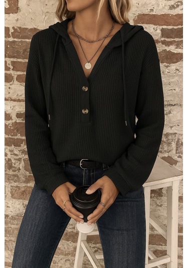 Tua Moda Kadın Uzun Kollu Kapşonlu Önü Düğmeli Ve Bağcıklı Waffle Bluz Siyah