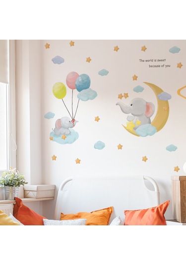 Duvar Çıkartmaları Seti, Filler, Ay, Bulutlar, Yıldızlar, Balonlar Duvar Çok Renkli