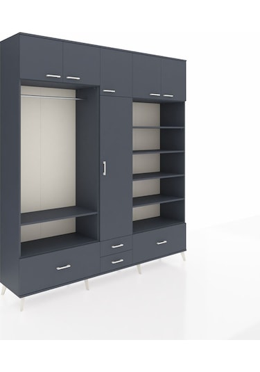 Hyperion Dolap 18 Raflı 4 Çekmeceli Tek Askılı 220x44x243 Antrasit-antrasit/antrasit Antrasıt/antrasıt