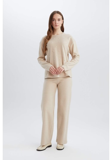 DeFacto Triko Pantolon Wide Leg Geniş Bol Paça Selanik Kumaş Basic Düz D0361AX24AUBG122