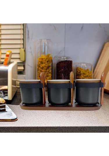 Suntek Magideal 3 Adet Seramik Baharat Kavanozları Porselen Çeşni Siyah