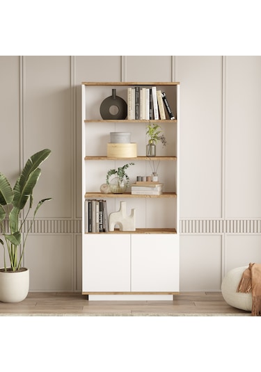 Robin Home Loft Kitaplık Raf 2 Kapaklı Raflı 168cm Çam-Beyaz
